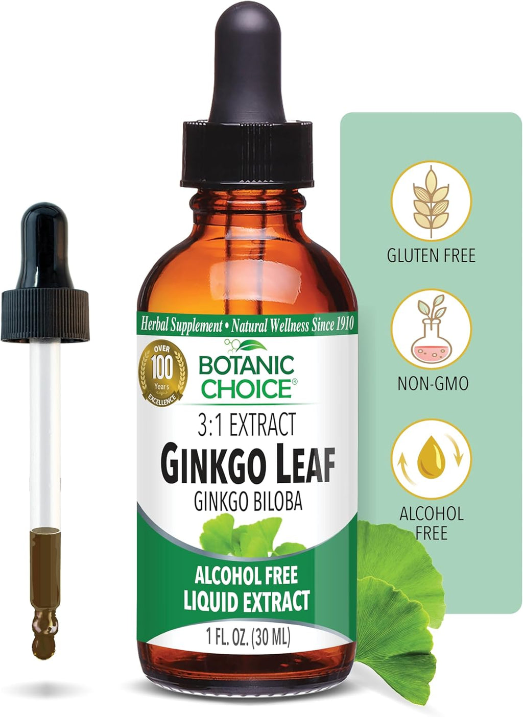 Botanic Choice Ginkgo Biloba Leaf Liquid Extract – Alcohol Free, Gluten Free, Fast Acting Supplement Drops – Easy to Use Dropper 1 Fluid Ounce
