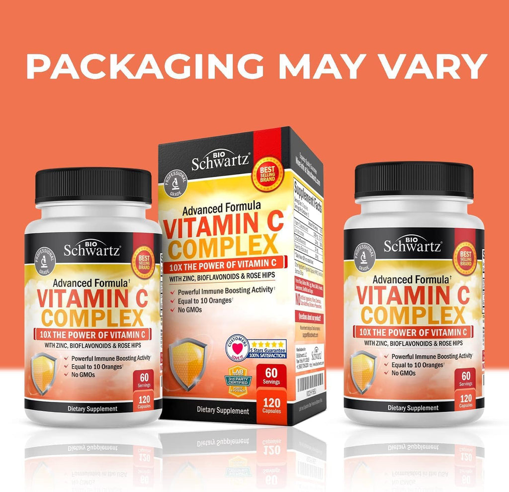 BioSchwartz Vitamin C Complex Supplement - Vitamin C 1000mg Capsules with Rose HIPS Zinc and Citrus Bioflavonoids for Immune Health, Cellular Energy, Collagen Production, 120 Count (60 Day Supply)