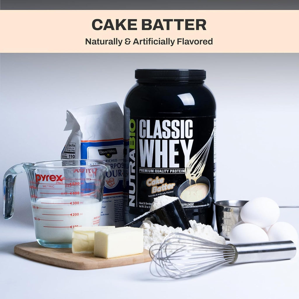 NutraBio Classic Whey Protein Powder- 25G Protein Per Scoop - Full-Spectrum Amino Acid Profile - No Fillers, Artificial Colors, Preservatives - Low Glycemic Index - (Cake Batter, 2 Pounds)