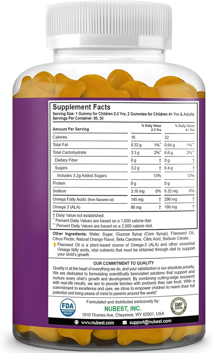 NuBest Omega 3 Gummies for Kids & Teens with Flaxseed Oil | Supports Brain Growth, Mental Clarity, Focus, and Eye Health | No Added Sugar | Orange Flavor | 60 Premium Vegan Gummies | 1 Month Supply