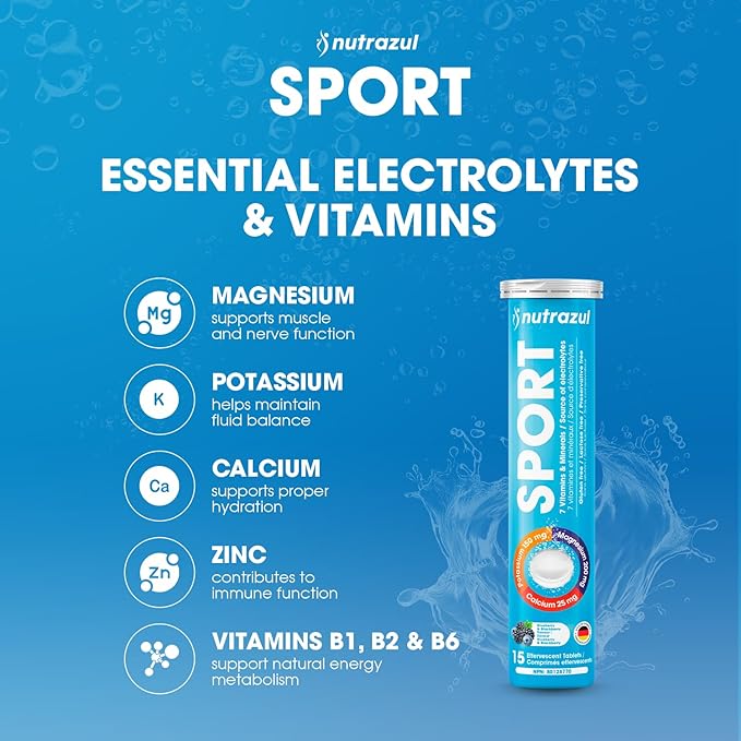nutrazul Sports Effervescent Tablets, Electrolytes & 7 Vitamins & Minerals, Daily Hydration and Energy, Caffeine-Free, Blueberry & BlackBerry Flavor, 30 Count