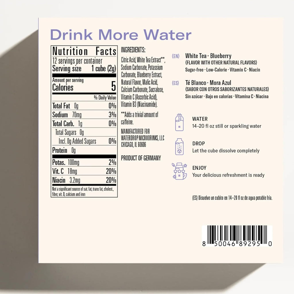 Waterdrop Hydration Cubes with Electrolytes, Vitamins C and Vitamin B3, Blueberry Iced Tea Flavor Water Enhancer Cubes for Still & Sparkling Water, Gluten Free, Low Calorie, Sugar Free, 24 Count