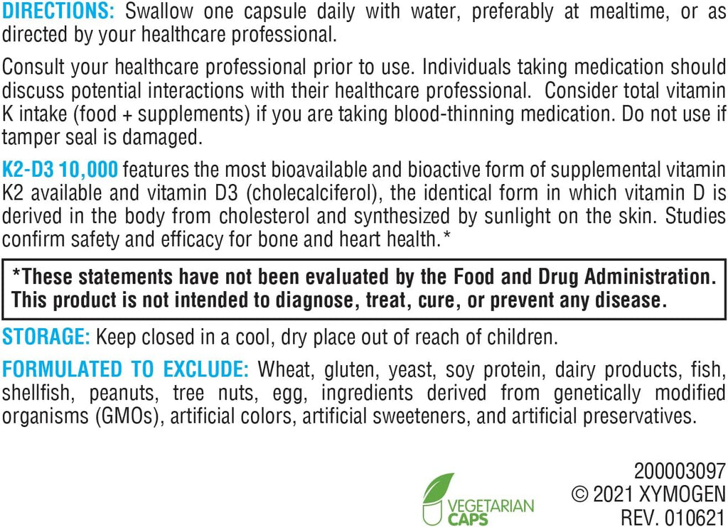 XYMOGEN K2-D3 10000 - Vitamin D3 K2 - Bioavailable Vitamin D 10,000 IU (Cholecalciferol) with MK-7 - Heart, Arterial, Bone Health + Immune Support Supplement (120 Capsules)
