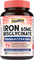 Iron Supplement for Women and Men, Iron Bisglycinate, 65mg Elemental Iron, Non-Constipating, Plus Blood Builder Vitamins C B6 B12 Folate & Beet Root, Energy Support, Blood Health, 60 Caps