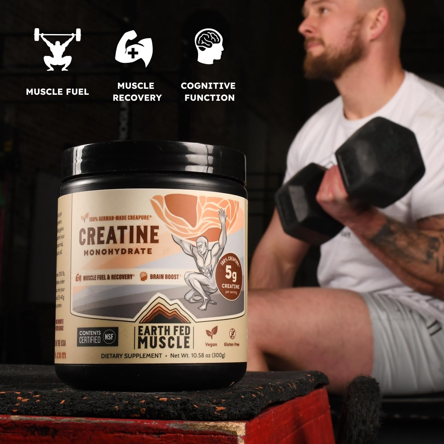 Earth Fed Muscle Transcend Creatine Monohydrate Powder – 100% German Creapure Creatine for Women | Muscle Recovery & Building, Energy Production | Unflavored 5g Serving, 60 Servings per Container