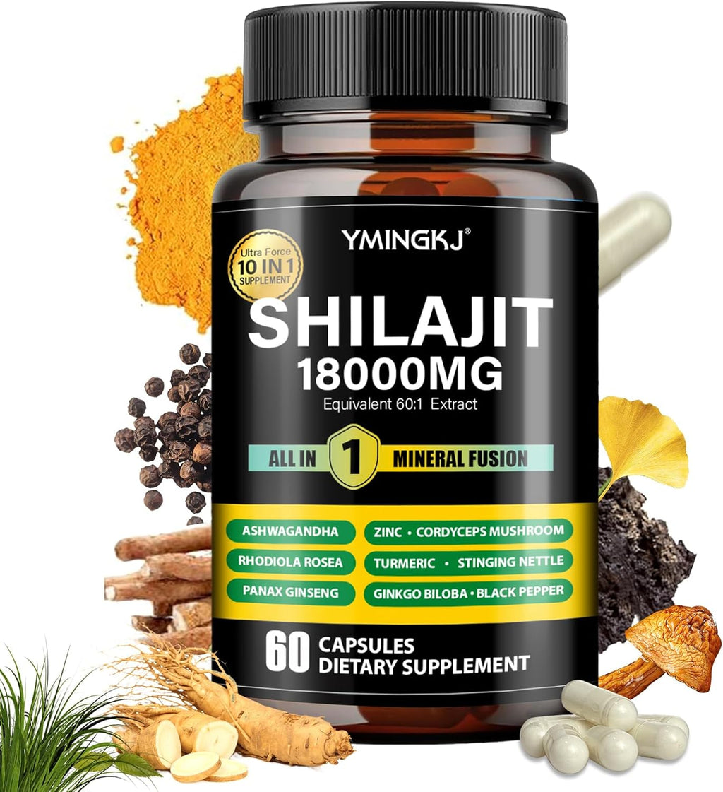 Shilajit Capsules 18000mg (60 Capsules) 10 in 1 - Shilajit Extract with Ashwagandha, Rhodiola Rosea, Panax Ginseng, Cordyceps, Turmeric, Ginkgo, Fulvic Acid Trace Minerals Supplement, Gluten Free
