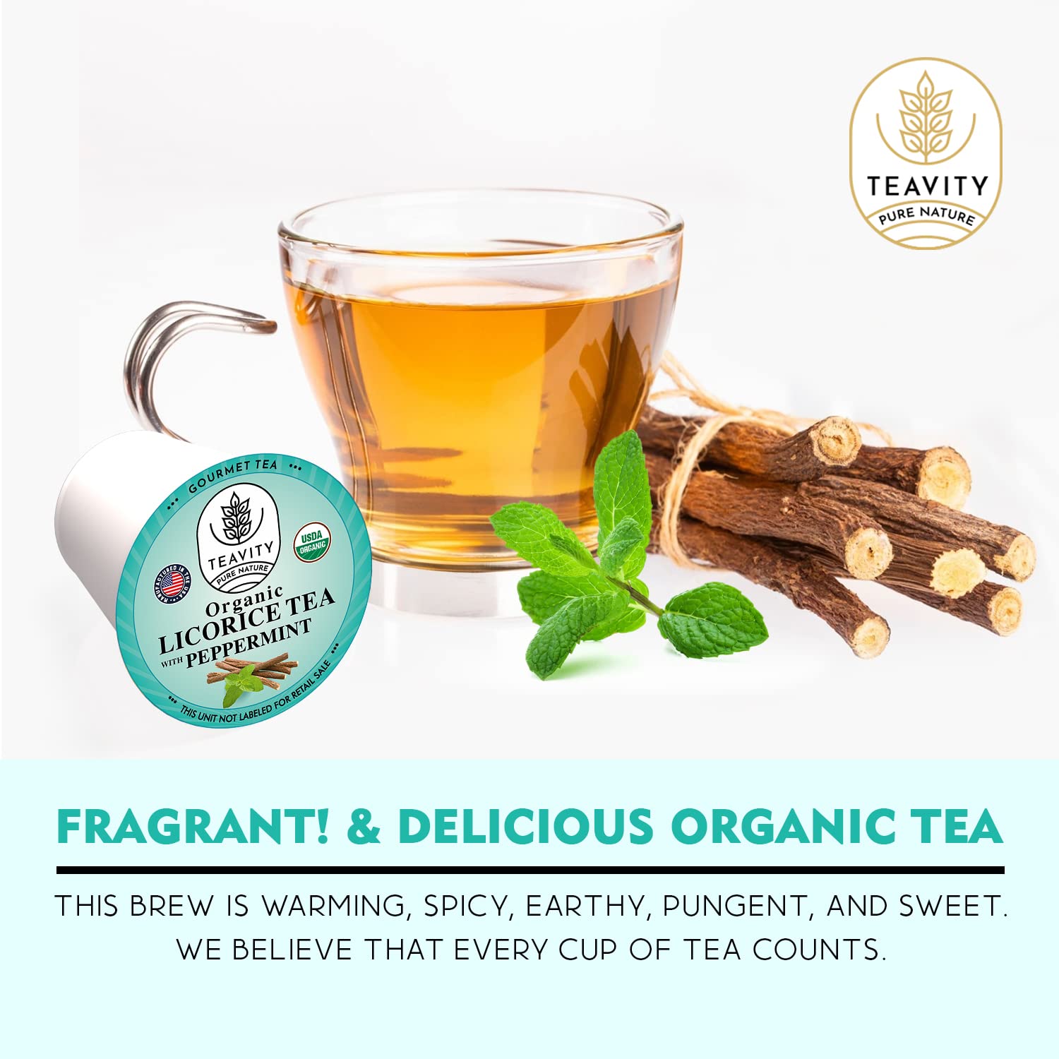 Organic Licorice Mint Tea Pods for Keurig - Natural Decaf Peppermint Tea by Teavity (12 Tea Pods)