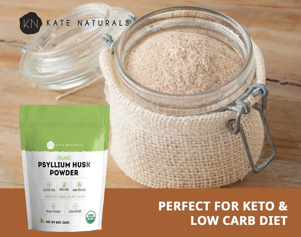 Kate Naturals Psyllium Husk Powder for Baking, Fiber. Psyllium Seed Powder for Dogs & Cats (8oz, Organic, Gluten Free, Pet Safe)