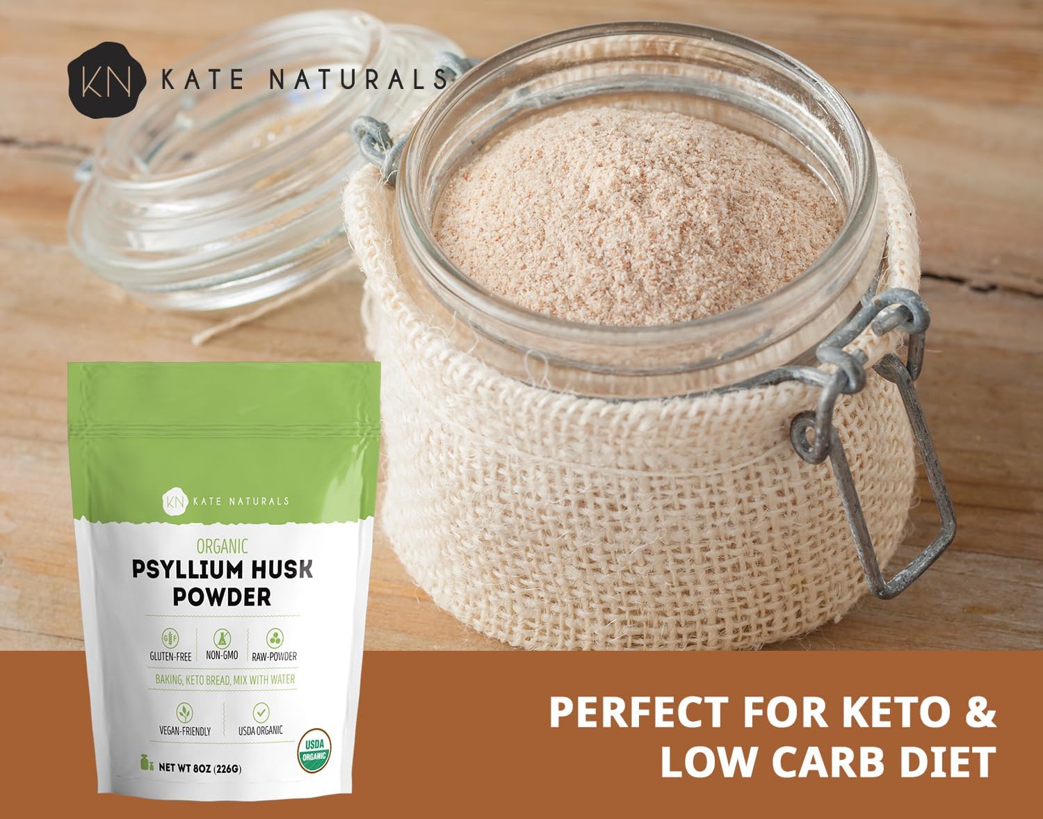 Kate Naturals Psyllium Husk Powder for Baking, Fiber. Psyllium Seed Powder for Dogs & Cats (8oz, Organic, Gluten Free, Pet Safe)