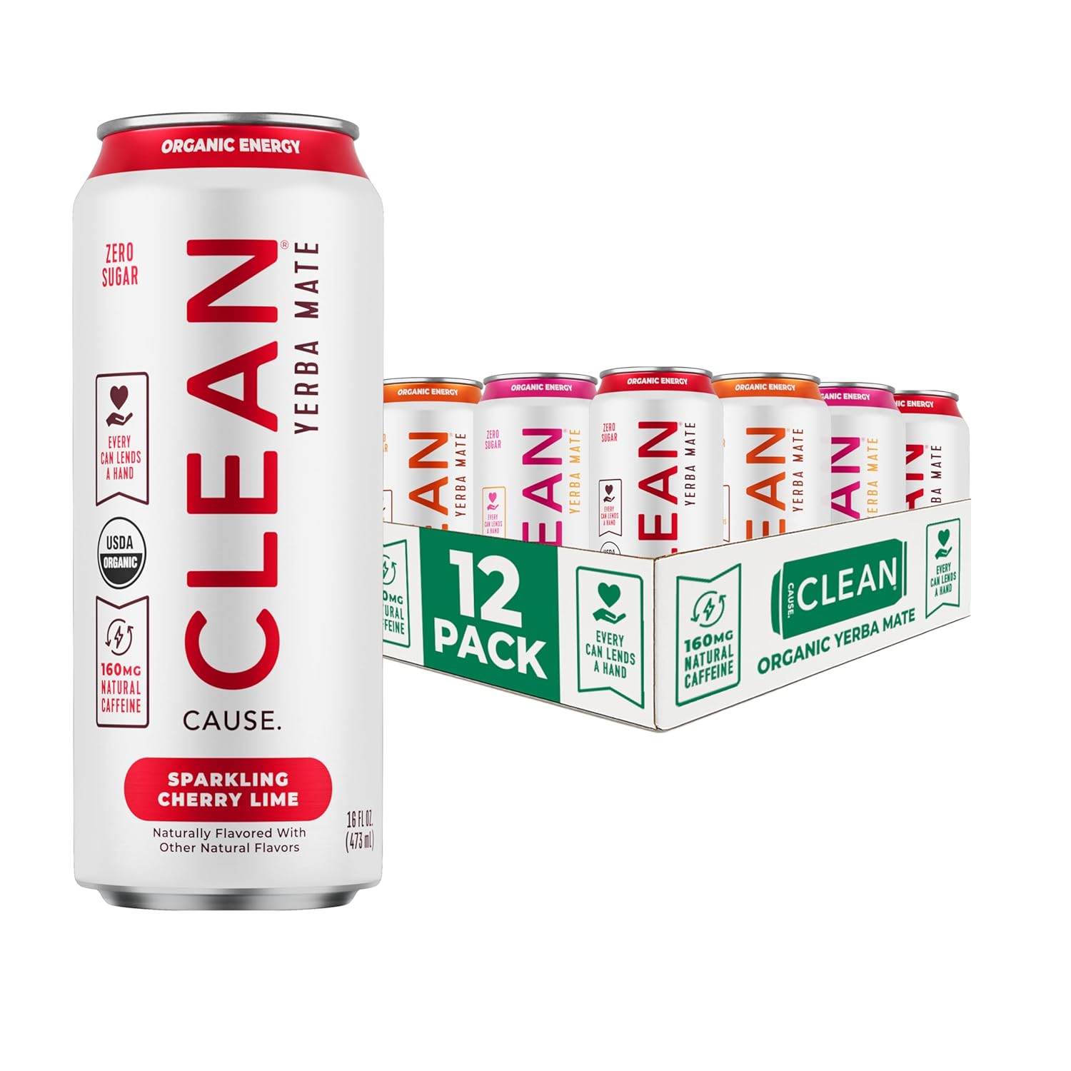 CLEAN Cause Zero Sugar Variety Pack Yerba Mate Tea Sparkling, USDA Organic Energy Drink Alternative, Zero Calorie, 160mg Natural Caffeine, Soda Alternative, Plant-Based (16oz cans, 12-Pack Case)