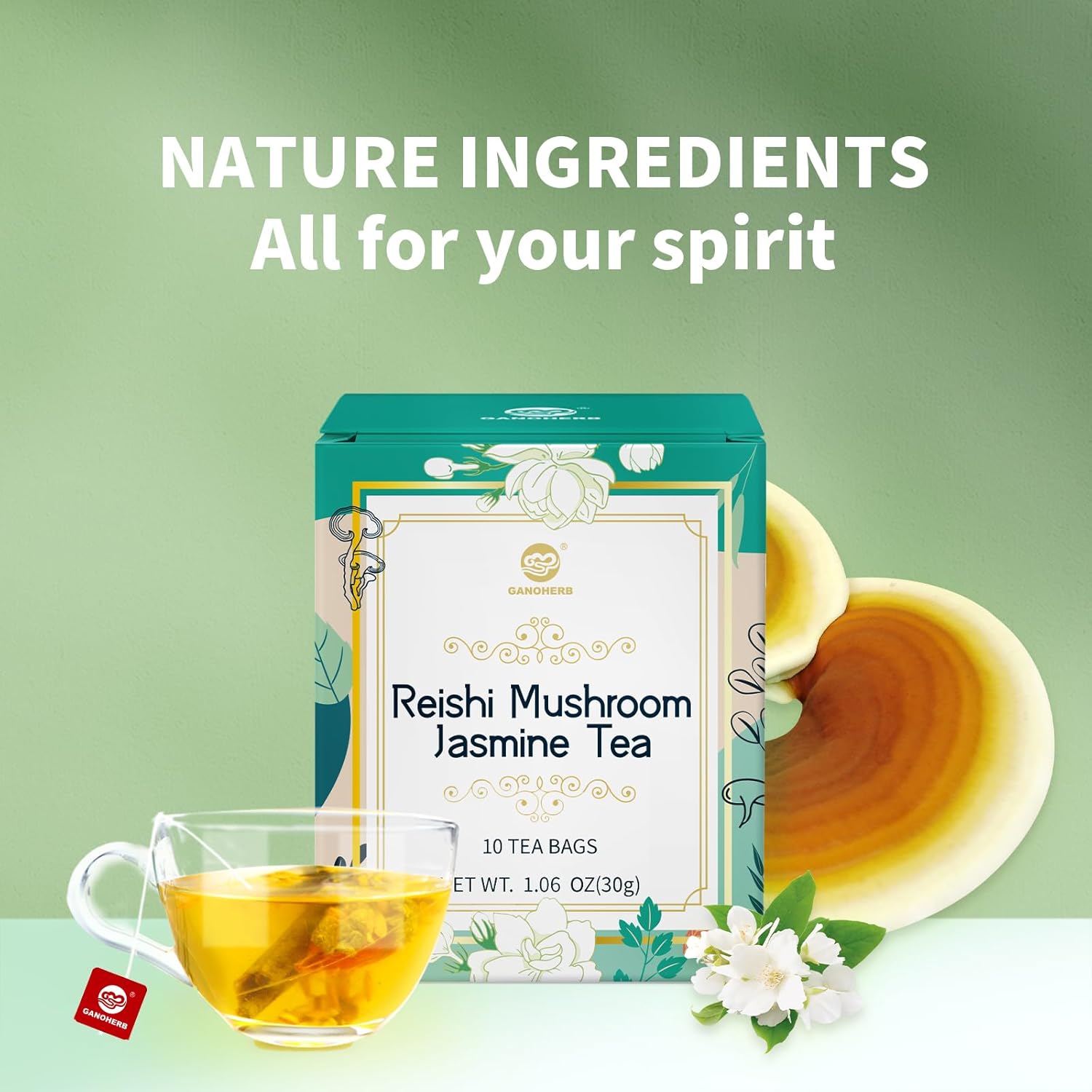 GANOHERB Reishi Mushroom Jasmine Tea, Adaptogen Ganoderma Lucidum Herbal Tea for Immune Health Boost, Stress Relief, Caffeine-Free, No Sugar, 1.06 OZ