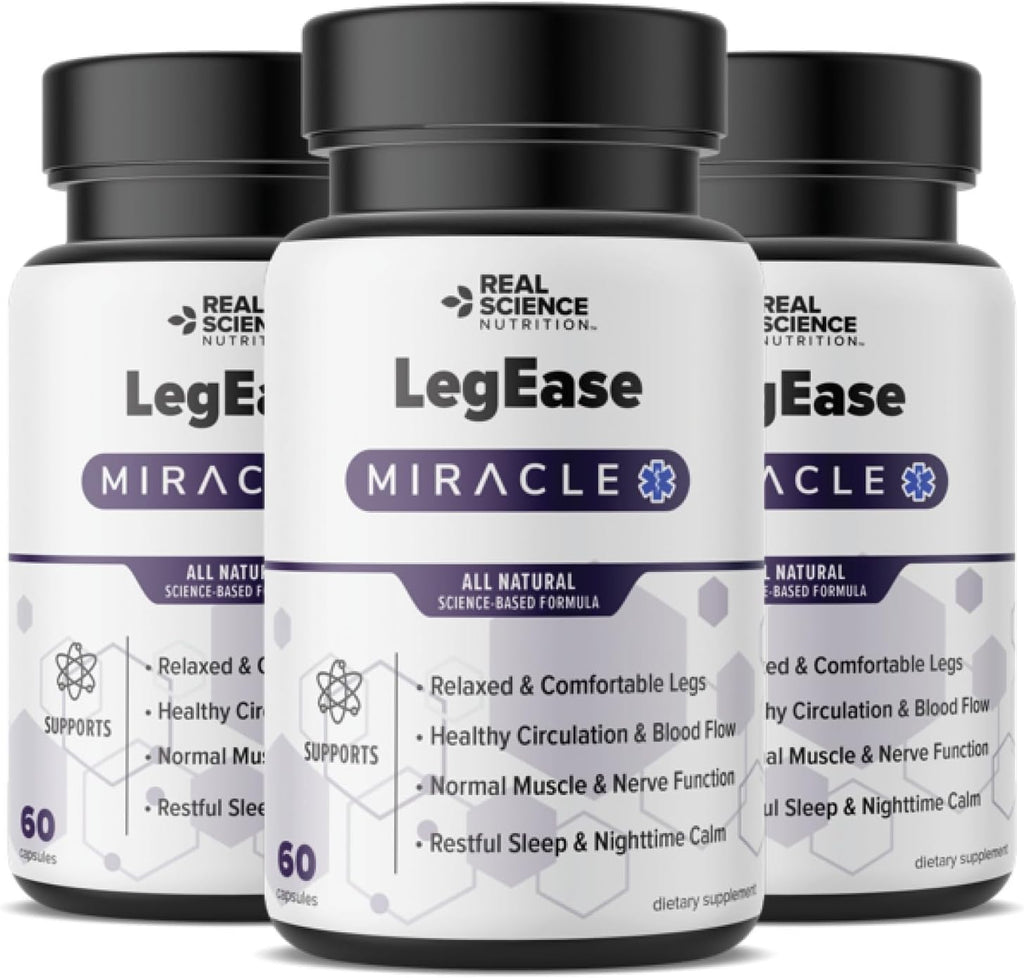 Real Science LegEase Miracle 3 Pack – All Natural Restless Legs Syndrome Relief & Leg Cramp Supplement with Vitamins C, D, K, B6, B12 + Nitric Oxide Support – Sleep & Circulation Aid – 90 Caps