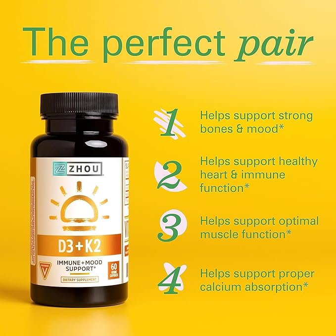 ZHOU D3+K2 - Vitamin D3 K2 Supplement for Women & Men, Immune Support VIT D3 and K2 Supplements, Pure Vegetarian Formula with 5000 IU of VIT D and MK-7-60 Veggie Capsules (Pack of 2)