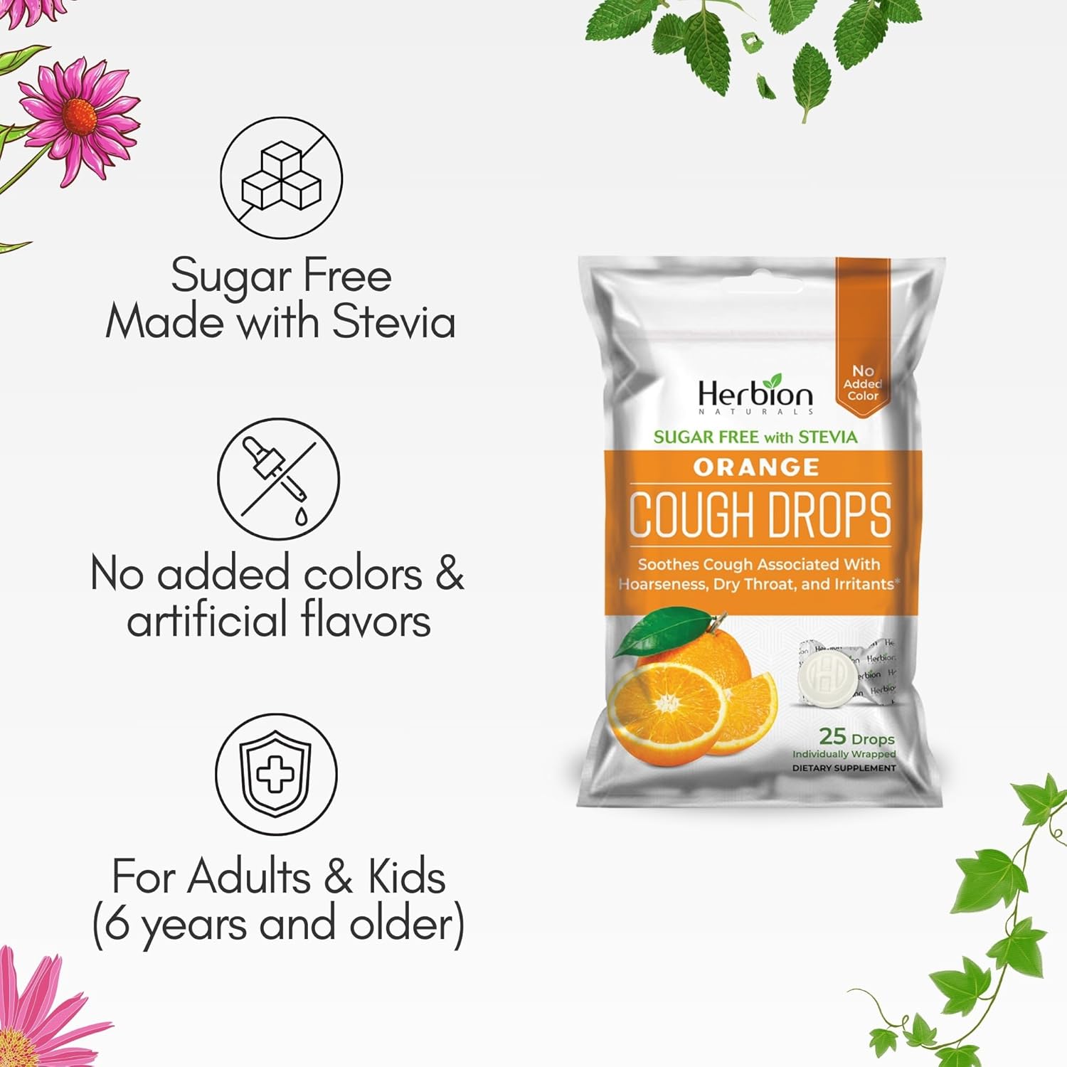 HERBION Naturals Cough Drops, Sugar Free with Stevia, Dietary Supplement, Soothes Cough, for Adults & Children Over 6 Years, 25 Count, Orange, Pack of 1