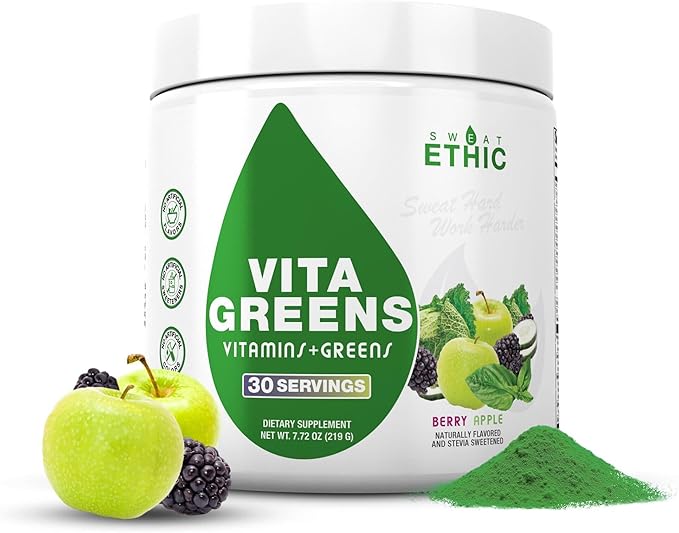 Sweat Ethic Vita Greens Greens Superfood Powder, Daily Multivitamin with Digestive Enzymes, Probiotics, Prebiotics & Reds for Men and Women, Sweetened with Stevia, Berry Apple Flavor, 30 Servings
