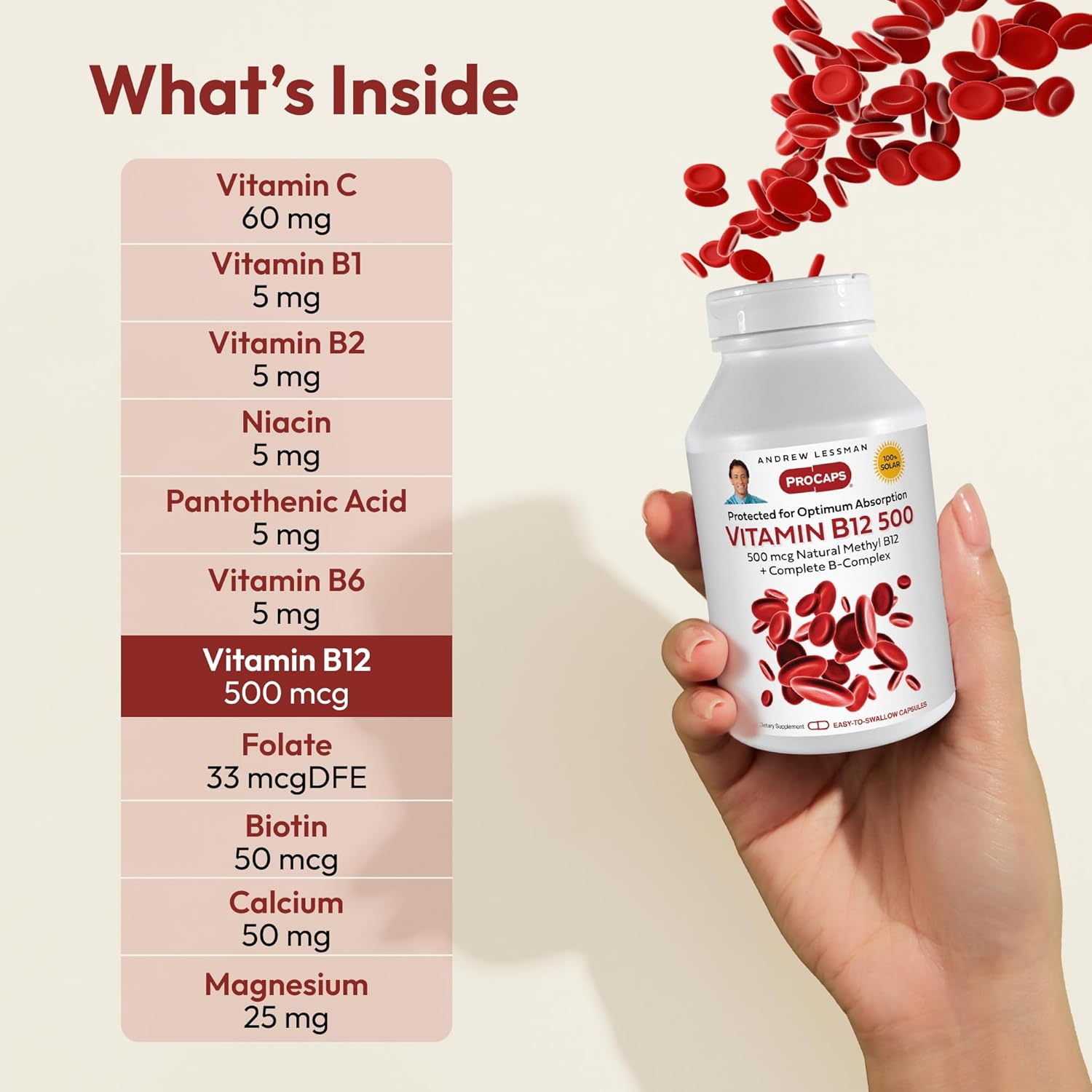 ANDREW LESSMAN Vitamin B12 500 60 Capsules - Absorption-Protected Methylcobalamin (Natural Coenzyme Vitamin B12), Essential for Energy and Stress Support, Plus B-Complex, Easy to Swallow Capsules