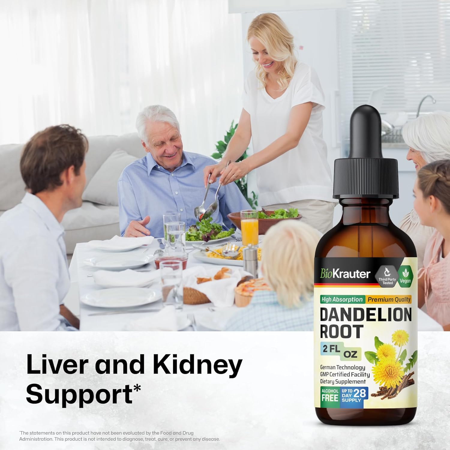 BIO KRAUTER Dandelion Root Extract - Alcohol & Sugar Free Dandelion Tinture - Vegan Supplement for Cleansing & Immunity - 2 Fl. Oz - 28 Days of Supply
