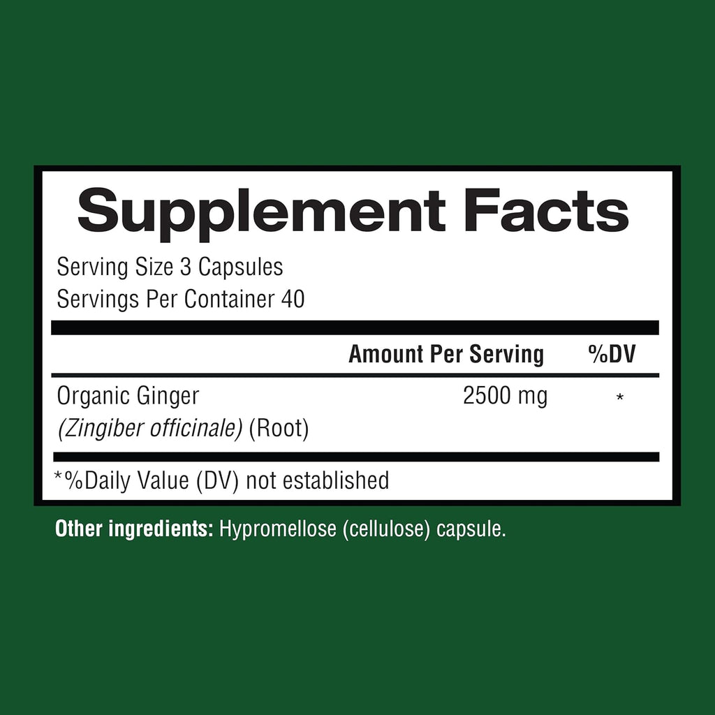 Ginger Root Capsules Made with Organic Ginger Root Powder 2500mg per Serving, 120 Vegetable Capsule 40 Servings