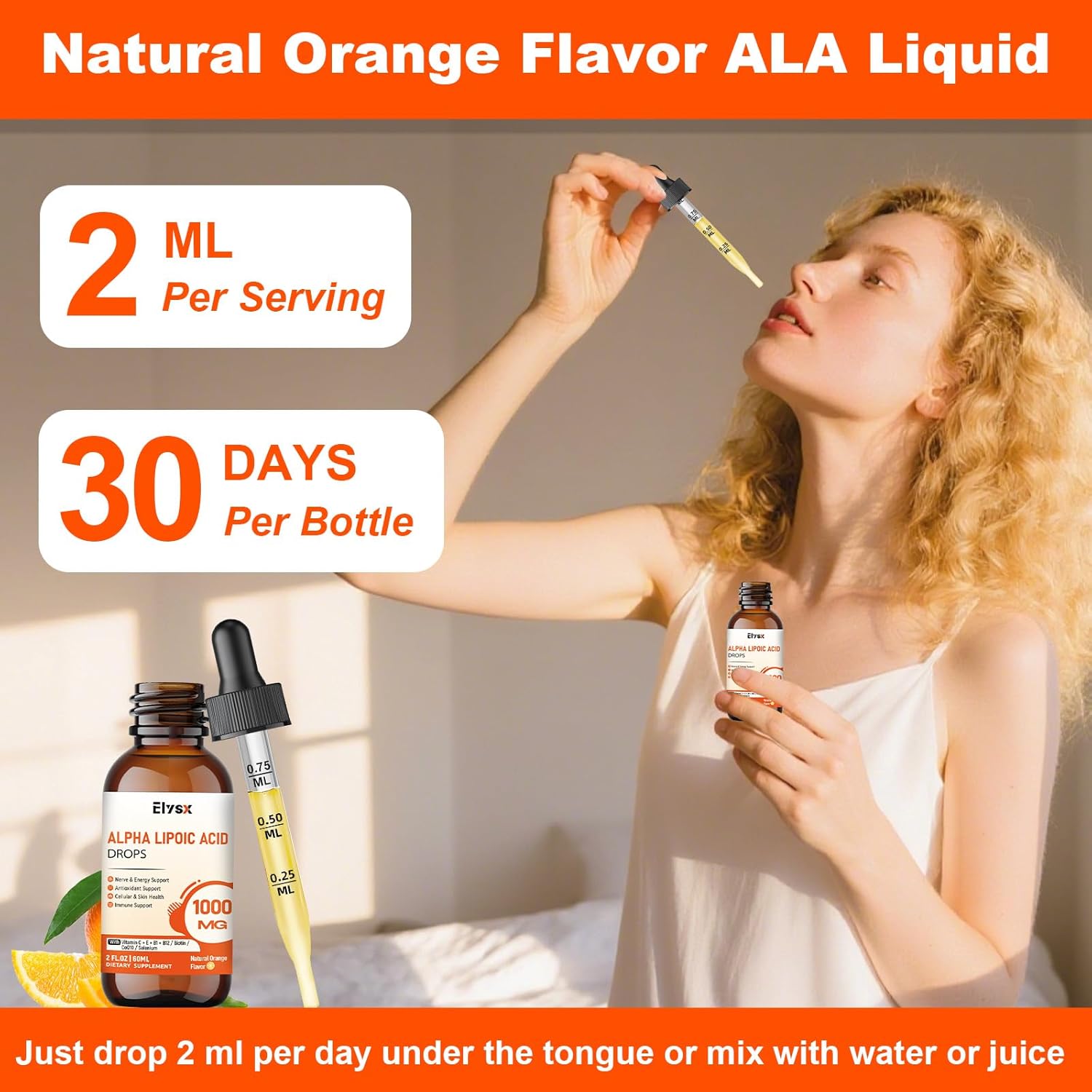 Alpha Lipoic Acid Liquid Drops 1000mg, ALA Supplement for Nerve and Antioxidant Support with Biotin, Natural Orange Flavor, 2FL OZ