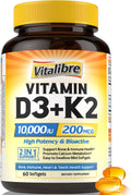 Vitamin D3 K2 Supplement, 10000 IU D3 / 200 mcg K2 MK7, Calcium Absorption, Bone, Heart, Immune & Mood Support, Enhanced Absorption, No Soy, Easy to Swallow, 60 Softgels