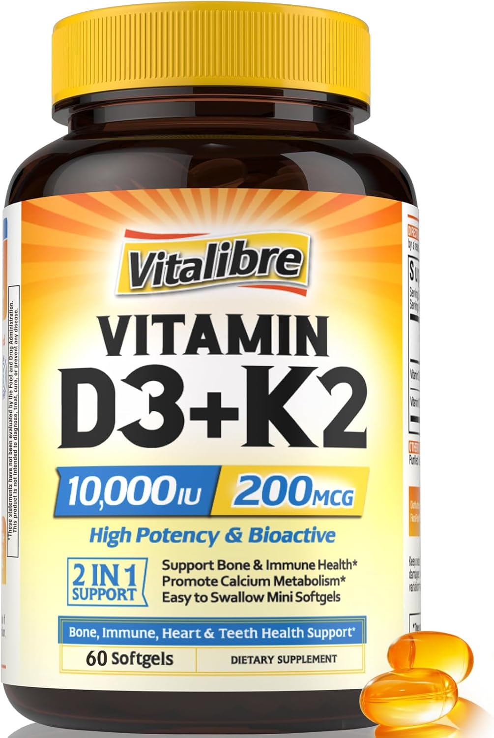 Vitamin D3 K2 Supplement, 10000 IU D3 / 200 mcg K2 MK7, Calcium Absorption, Bone, Heart, Immune & Mood Support, Enhanced Absorption, No Soy, Easy to Swallow, 60 Softgels