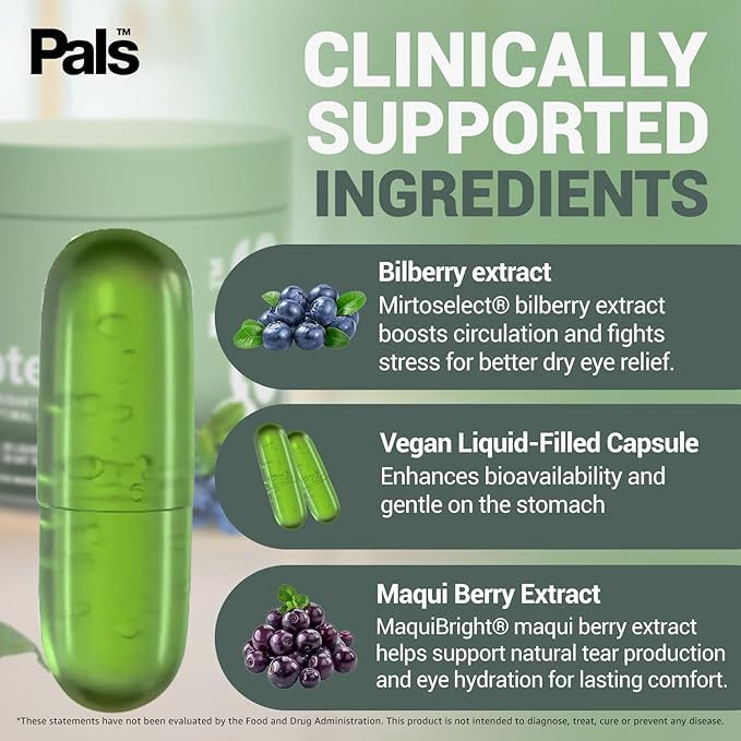Dry Eye Relief Supplements for Adults with Pure Bilberry Extract Toptear Ultimate Eye Vitamins for Eyesight, Dryness Relief, Strain, Optical Nerve & Vision Care Support, Vegan Capsules (30 Days) PALS