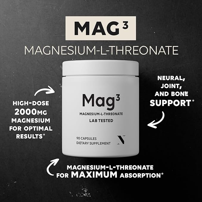 Mag3 – Magnesium L Threonate 2000mg Per Serving, 30 Servings of Pharmaceutical Grade, Non-GMO, Soy Free, Gluten Free, Vegetarian Capsules - Supplement for Brain & Joint