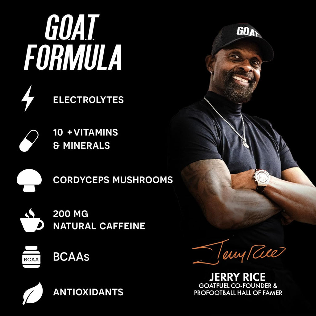 G.O.A.T. Fuel Energy Drink, Co-Founded by Jerry Rice, Natural Caffeine, Electrolytes, BCAAs, Cordyceps Mushrooms & Antioxidants, Light Carbonation Pre Workout, 12 Pack, 12 FL Oz, Peach Pineapple