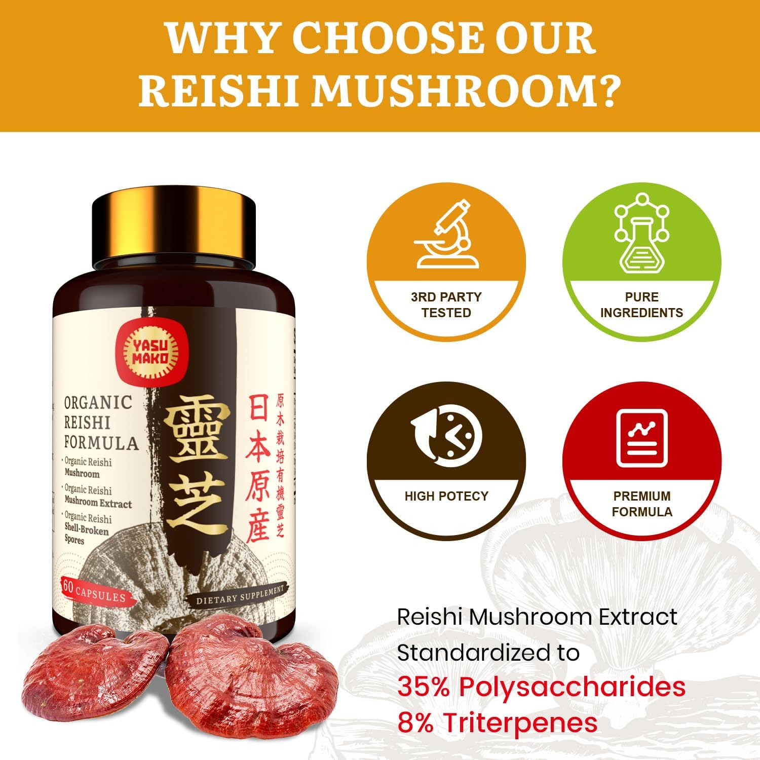 Japanese Reishi Mushroom Supplement 800mg with Reishi Mushroom Extract 500mg & Shell-Broken Spores 200mg,Organic Mushroom Capsules for Immune System - Real Fruiting Body (Pack of 2)