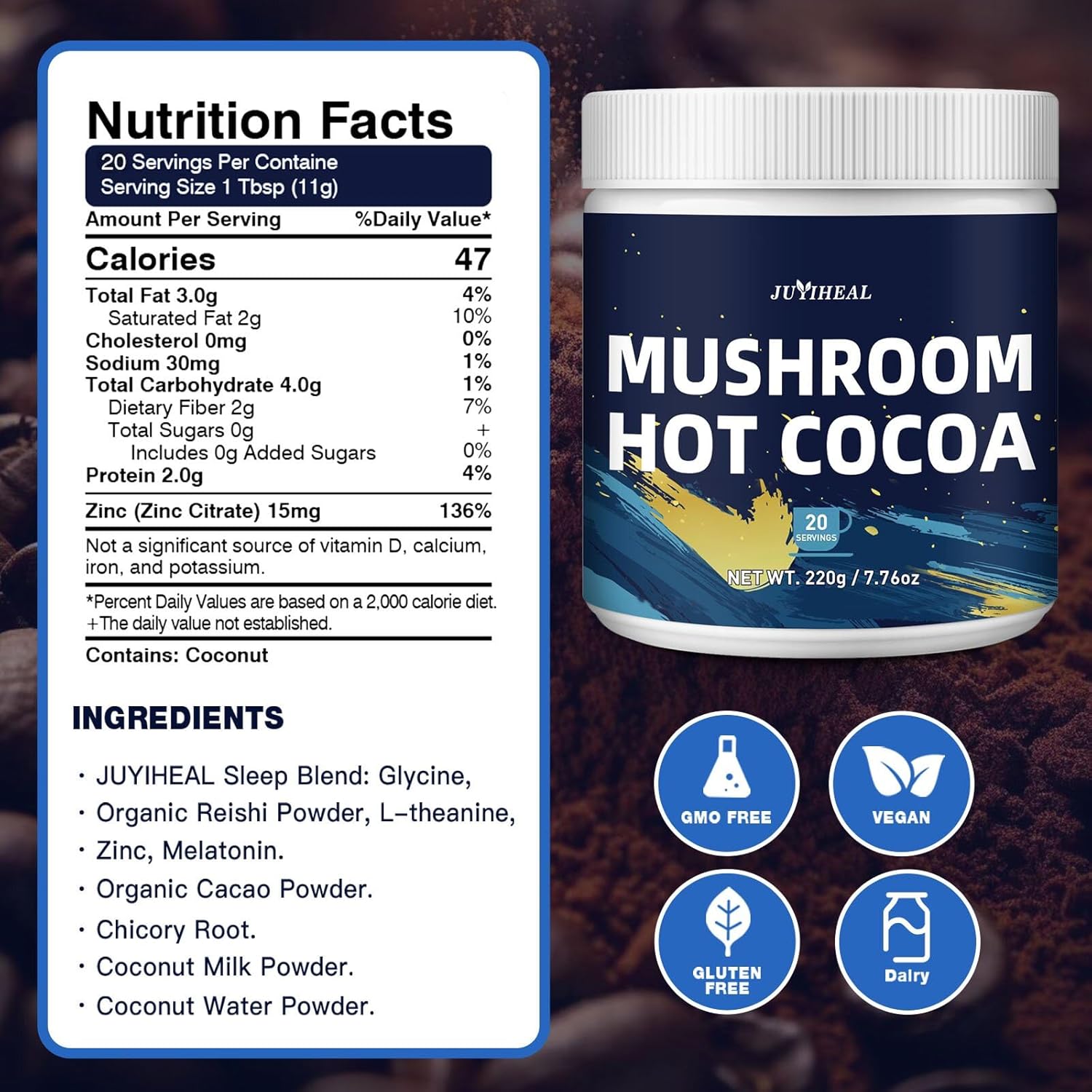 JUYIHEAL Mushroom Hot Cocoa with Melatonin, Reishi, Glycine, Cacao, L-Theanine, Chicory for Calm and Relax Support, Sleep Hot Cocoa Supplement (20 Servings)