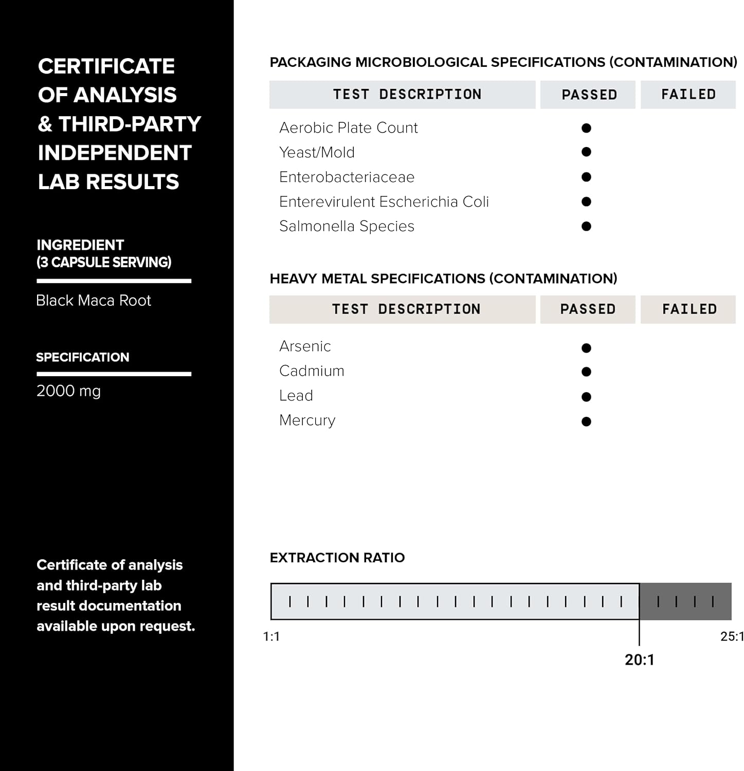 Black Maca Root - Ultra High Potency 20:1 Extract - Single Origin, Wildcrafted & Highly Concentrated - Third-Party Lab Tested - 120 Capsules