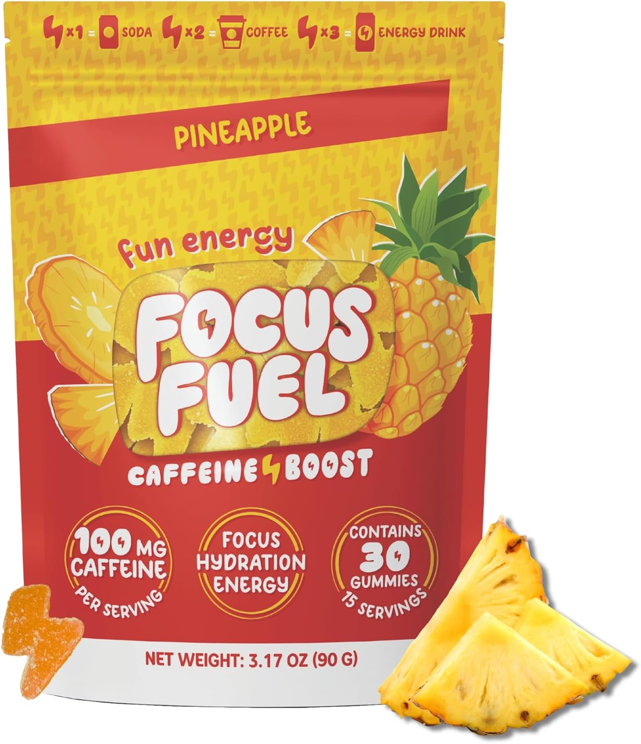 Energy Chews – Pineapple Flavor (15 Servings) – 100mg Caffeine + Alpha GPC + L-Theanine + B12, Magnesium – Tropical Energy Boost – No Crash or Jitters