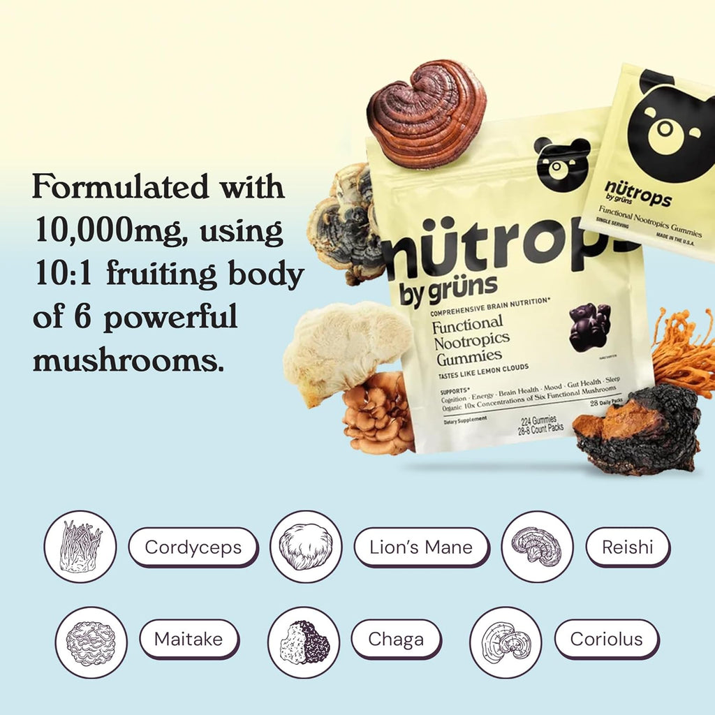 Nutrops Sugar-Free Lions Mane Mushroom Gummies for Adults, Functional Nootropics, Herbal Brain Supplement for Energy, Brain Health, Cognitive, Memory & Focus, Reishi, Chaga, Cordyceps - 28 Day Supply