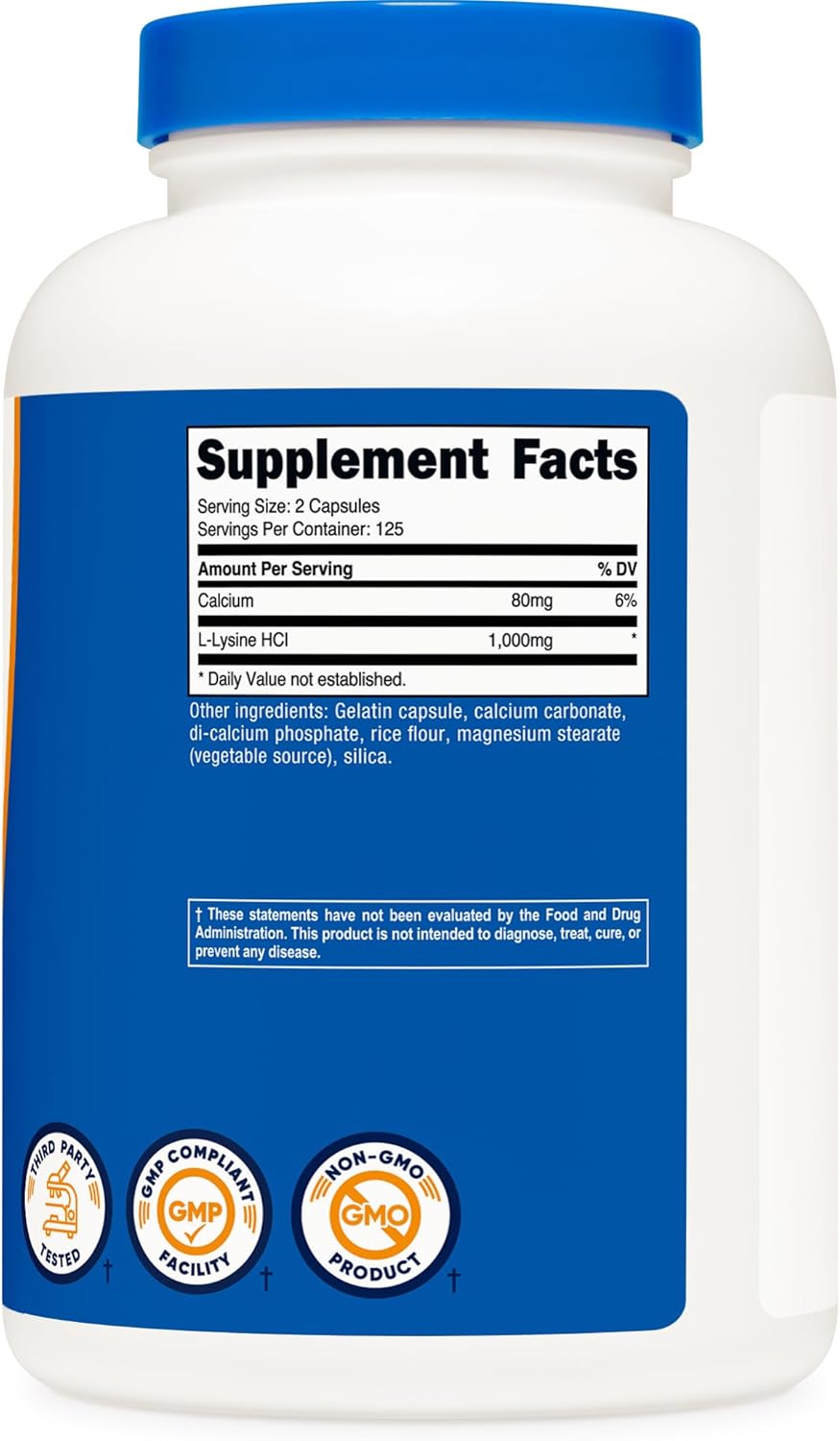 Nutricost L-Lysine 1000mg, 250 Capsules - 500mg Per Cap, Gluten Free, Non-GMO