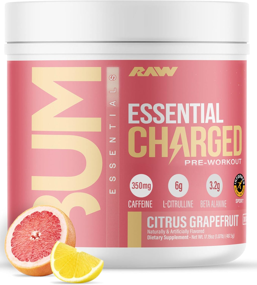 RAW Pre-Workout Powder, Essential CHARGED (Citrus Grapefruit) - Preworkout Supplement for Men, Women - Supports Focus, Mood, Performance - Caffeine, Alpha-GPC, L-Citrulline, Beta Alanine (25 Servings)
