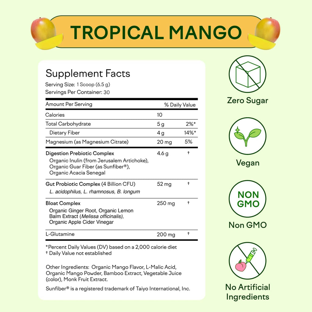Feel Goods Gut Guardian, Organic Fiber, Probiotic & Prebiotic Powder, Sugar Free, Herbs for Bloat, Gut Health Support, Digestive Health for Men & Women, Non GMO, Vegan, Tropical Mango, 30CT