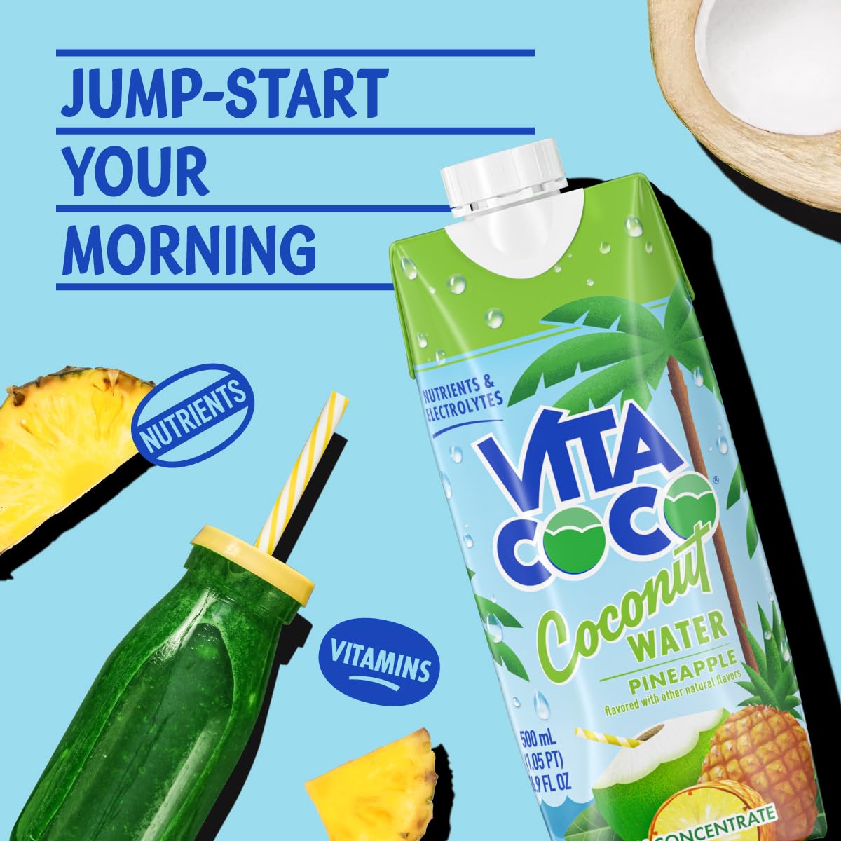 Vita Coco Coconut Water Naturally Hydrating Electrolyte Drink Smart Alternative to Coffee Soda and Sports Drinks Gluten Free, Pineapple, 16.9 Fl Oz (Pack of 12), 202.8 Fl Oz