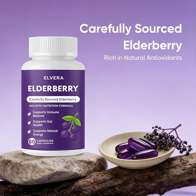 Elvera Gut Support Complex - Organic Black Elderberry Soft Capsules, with Zinc & Vitamin C – Immune Support, Digestive Balance, Natural Energy, Daily Immune & Digestive Wellness 60 Capsules
