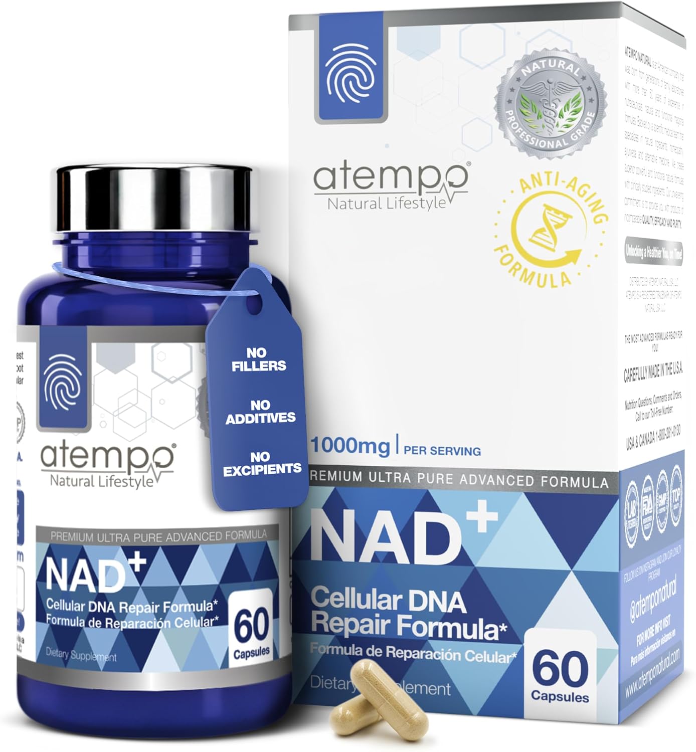 NAD+ Supplement 1000 mg High Absorption – Supports Energy, Cellular Health, Brain Function, and Healthy Aging – Pure NAD Formula with 60 Capsules