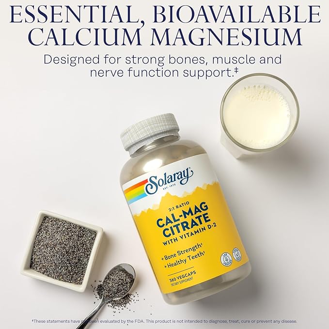 Solaray Calcium Magnesium Citrate 2:1 Ratio - Calcium Supplements for Women and Men w/Magnesium and Vitamin D 2 - Bone Health, Muscle and Nerve Support - Vegan, 60-Day Guarantee, 60 Serv, 360 VegCaps
