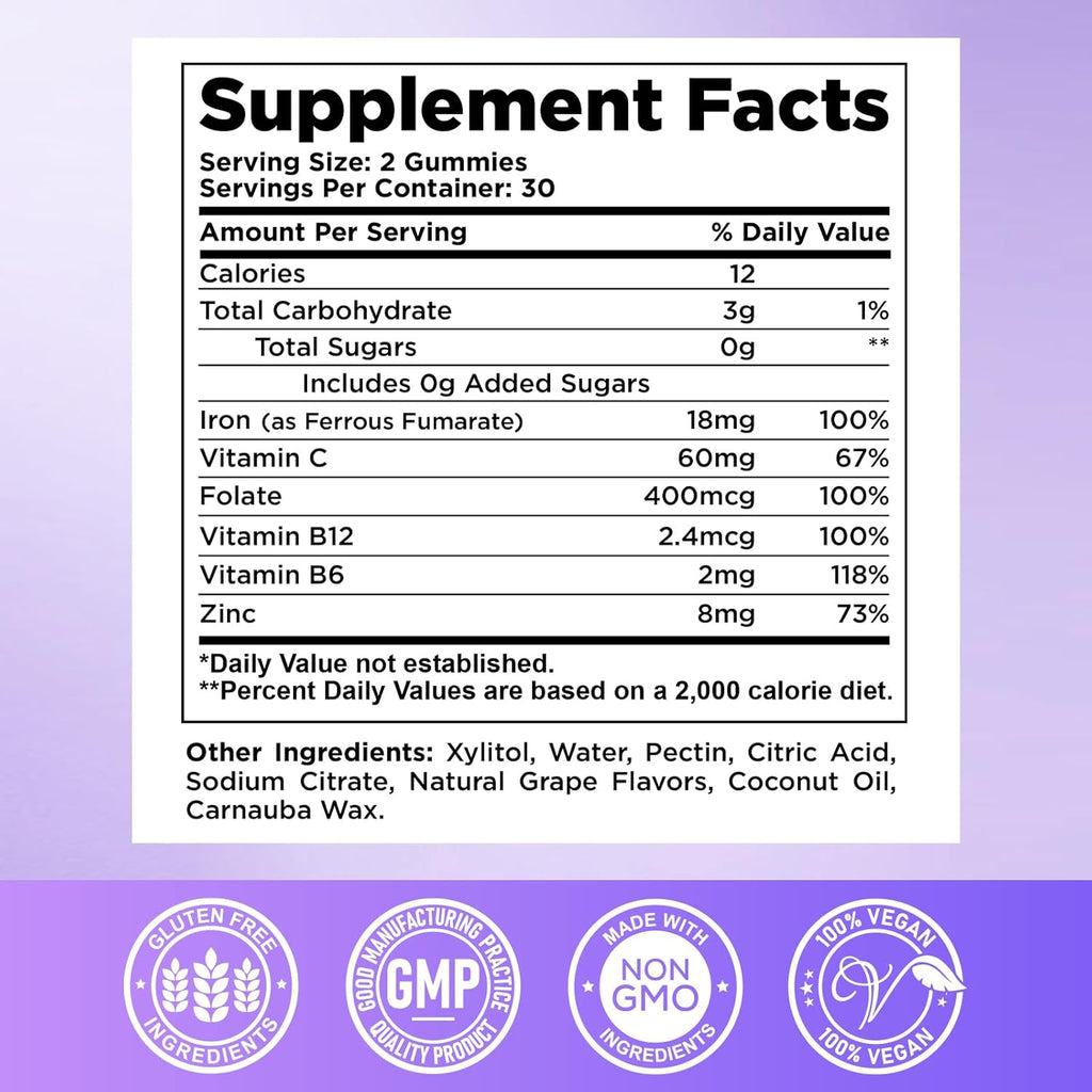 Iron Supplement for Women & Men - Iron Gummies with Vitamin B6, B12, C, Zinc, Folate for Adults & Kids - Support Iron Deficiency, Anemia, Energy Boost, Blood Builder - Sugar Free Vegan 60ct Grape