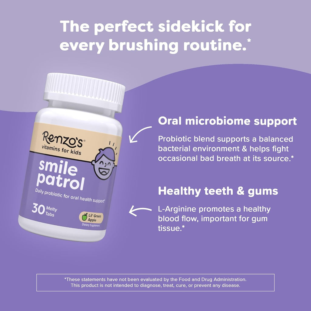 Renzo's Smile Patrol Dissolvable Probiotics for Kids, Sugar-Free - Kids Oral Health Supplement with 4 Probiotic Strains & L-Arginine for Healthy Teeth & Gums - 30 Melty Tabs, Green Apple Flavor