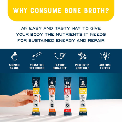 Bare Bones Bone Broth Instant Powdered Mix | 4 Beef 4 Chicken 4 Ramen 4 Lemon Ginger | Non-GMO Gluten-Free Dairy-Free Keto & Paleo Friendly | 15g Sticks 10g Protein | Variety Pack | 16 Pack