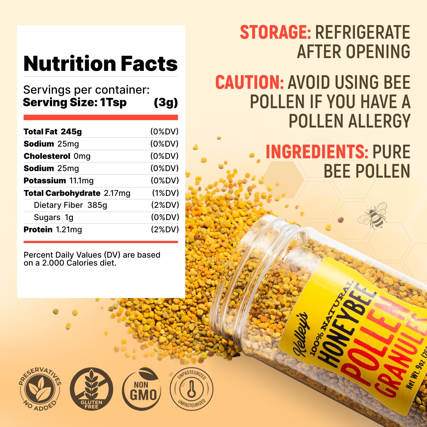 Kelley’s Bee Pollen, 9 oz – 100% Raw Bee Pollen Granules, GO TEXAN Certified – Naturally Preserved Vitamins, Enzymes, Amino Acids & Protein – Gluten Free, Non-GMO, Paleo & Keto Friendly
