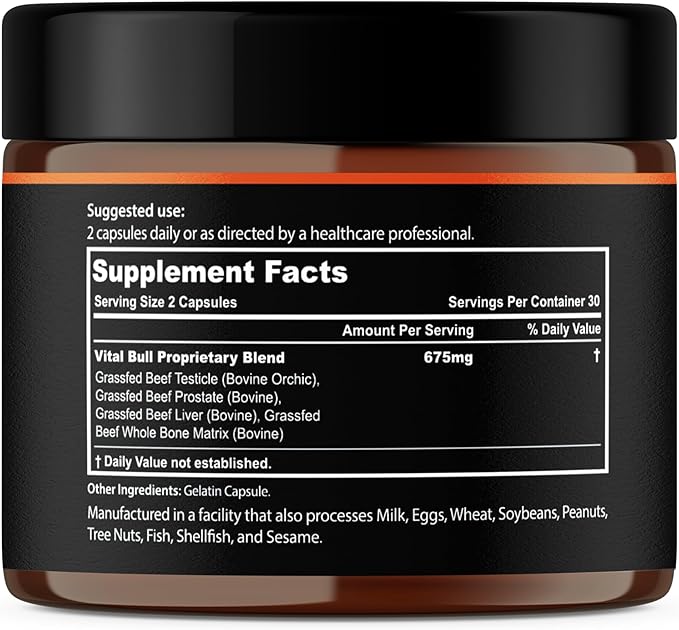 Vital Bull Beef Organ Supplement for Men with Grass Fed Liver, Testicle, Prostate & Bone Marrow – Freeze Dried Beef Organ Capsules for Nutrient Support – 30 Day Supply