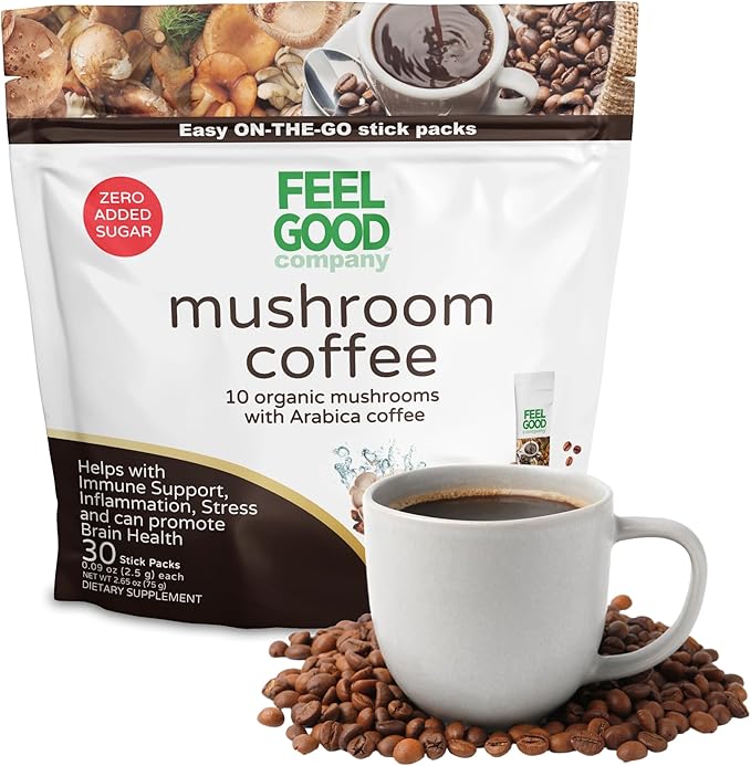 Feelgood Company Mushroom Coffee with 10 Organic Mushrooms and Arabica Coffee, 30 Stick Packs, Zero Added Sugar, Supports Immune Health and Brain Function