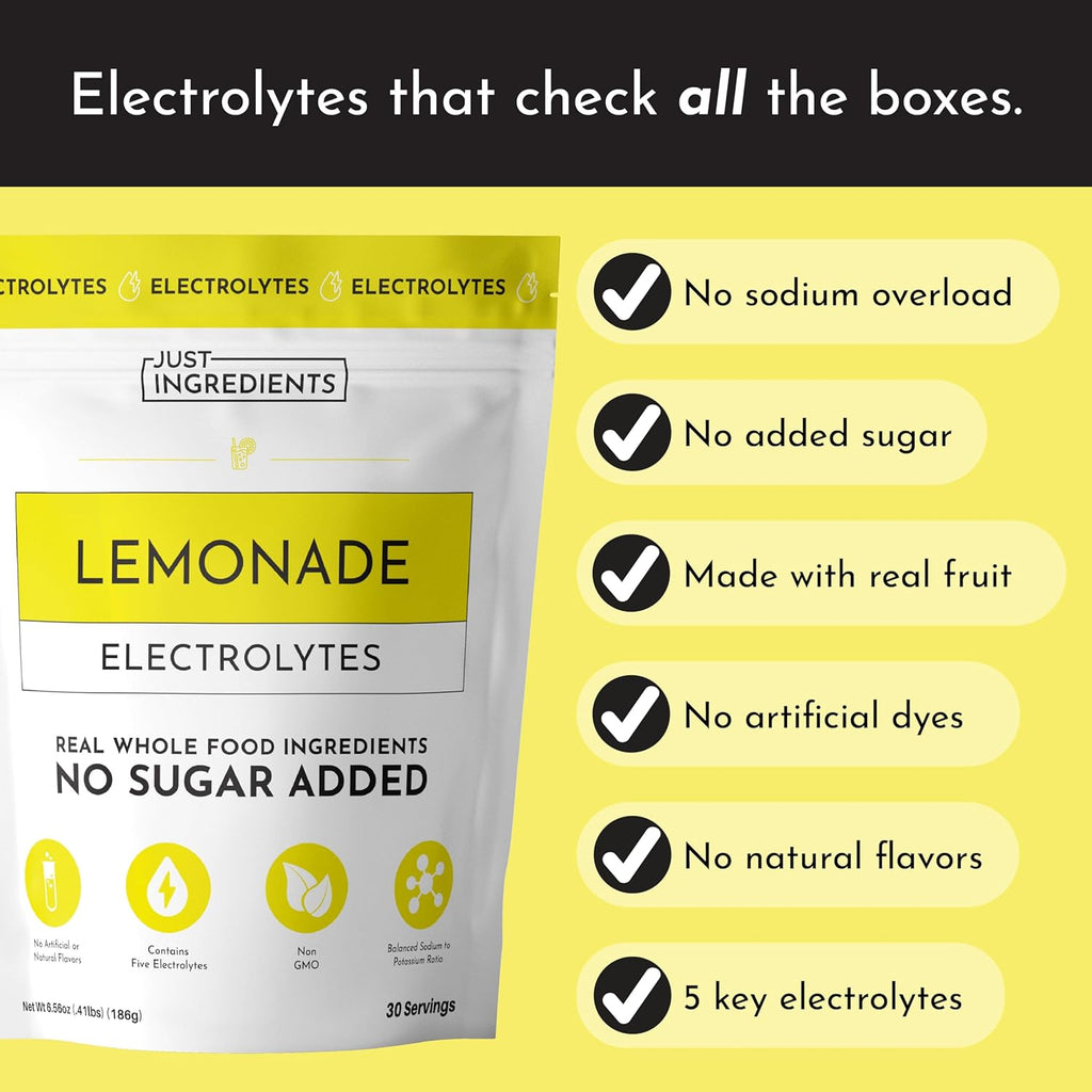 JUST INGREDIENTS Lemonade Electrolytes Drink Mix - Coconut Water, Sea Salt, Trace Minerals - 30 Servings