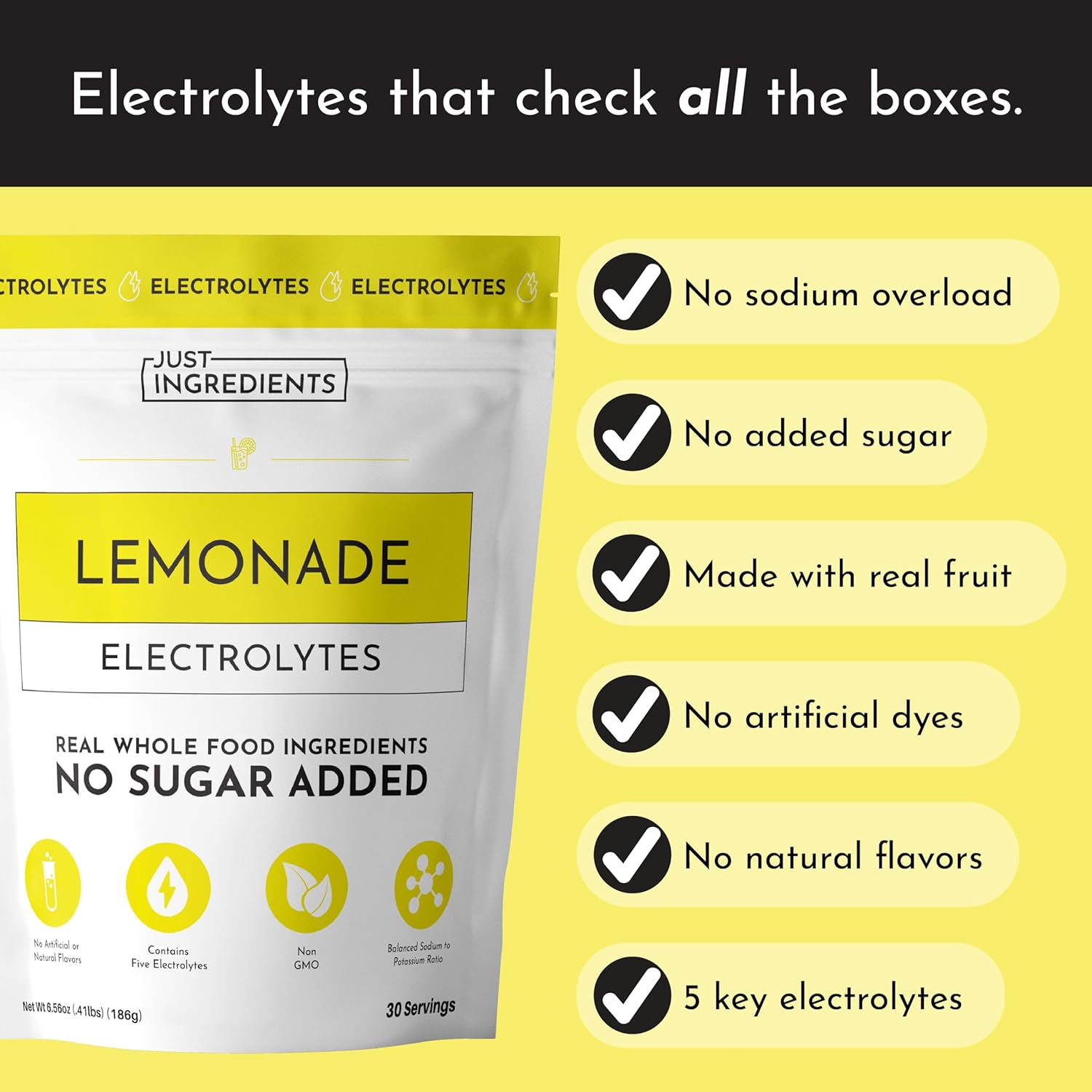 JUST INGREDIENTS Lemonade Electrolytes Drink Mix - Coconut Water, Sea Salt, Trace Minerals - 30 Servings