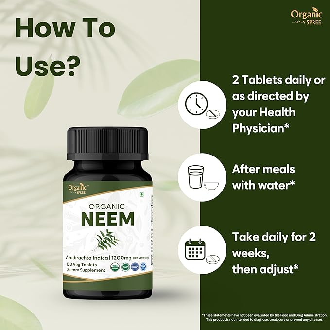 Neem 120 Tablets | Azadirachta Indica (Neem) | USDA Organic Certified | Healthy Skin and Detox* | Dietary Supplement - 120tab