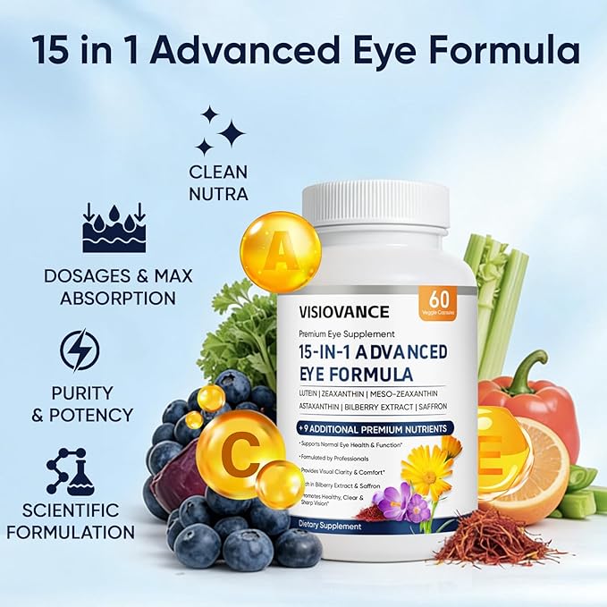 VisioVance 15 in 1 Advanced Eye Formula - Neurobella Eye Formula with All 3 Carotenoids, Lutein & Zeaxanthin, Bilberry Extract and Saffron, 60ct(1)